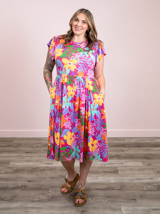 *NEW* Sage Blossom Fit & Flare Midi Dress | Tropical Fuchsia