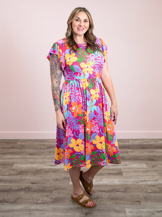 *NEW* Sage Blossom Fit & Flare Midi Dress | Tropical Fuchsia
