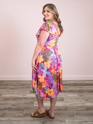 *NEW* Sage Blossom Fit & Flare Midi Dress | Tropical Fuchsia