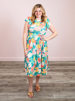 *NEW* Sage Blossom Fit & Flare Midi Dress | Aqua