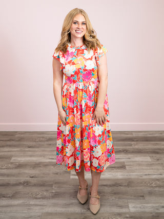 *NEW* Sage Blossom Fit & Flare Midi Dress | Coral