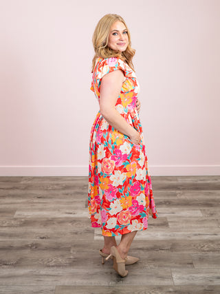 *NEW* Sage Blossom Fit & Flare Midi Dress | Coral