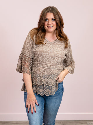 *NEW*  Carly Bell Sleeve Lace Blouse | Khaki