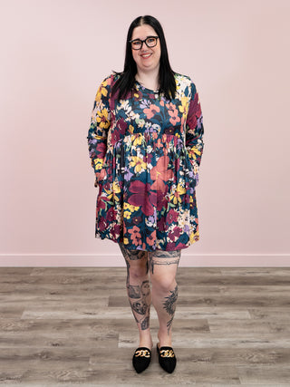 *WAREHOUSE FIND* Catalina Floral Babydoll Dress | Teal & Burgundy (S, 2XL, 3XL)