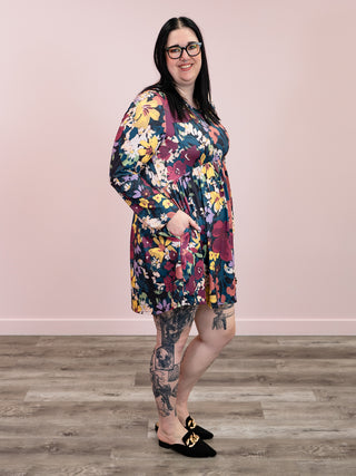 *WAREHOUSE FIND* Catalina Floral Babydoll Dress | Teal & Burgundy (S, 2XL, 3XL)