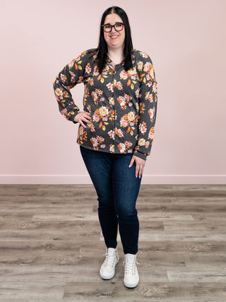 Simple Floral V-Neck Top | Charcoal