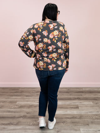 Simple Floral V-Neck Top | Charcoal