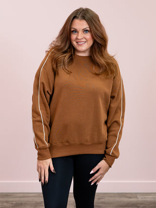 Monaco Side Stripe Fleece Crewneck | Brown & Ivory