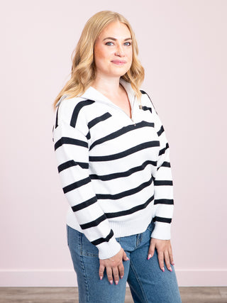 *NEW* Quarter Zip Striped Pullover | Black & White