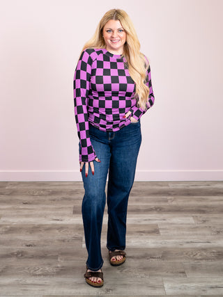 *NEW* Blair Long Sleeve Top | Black & Purple Checkers