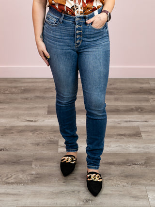 Judy Blue | High Rise | Mid Wash Button Fly Skinny | Sammy