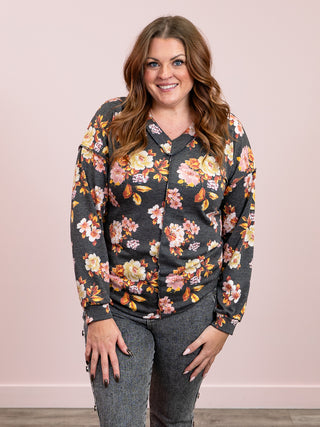 Simple Floral V-Neck Top | Charcoal