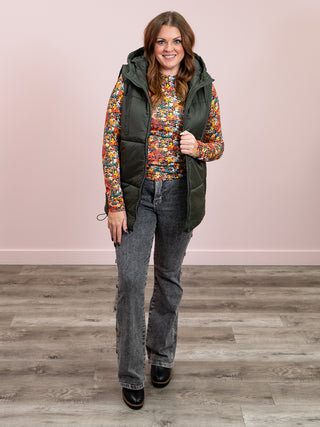 Longline High Neck Padded Vest | Olive