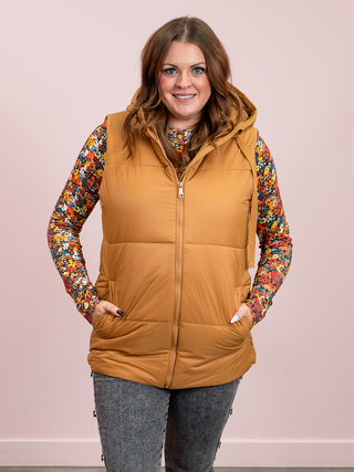 Longline High Neck Padded Vest | Camel
