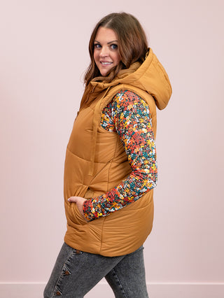 Longline High Neck Padded Vest | Camel