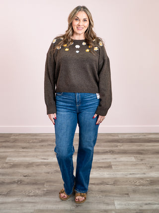 *NEW* DEX | Dana Floral Sweater Top | Heather Espresso
