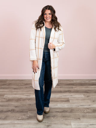 DEX | Ellis Longline Coat | Cream & Mocha Windowpane