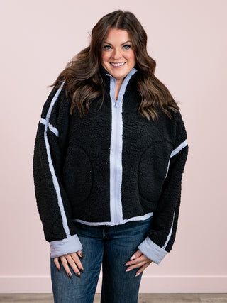 RD Style | Jill Funnel Neck Full Zip Top | Black & Blue Grey