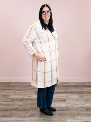 DEX | Ellis Longline Coat | Cream & Mocha Windowpane