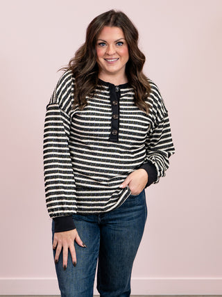 Carmella Striped Long Sleeve Top | Black & Cream