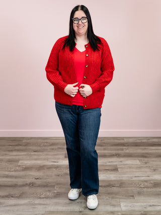 *NEW* DEX | Iris Crewneck Textured Cardigan | Candy Red Melange