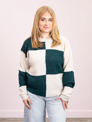 *NEW* Checkered Block Sweater | Cream and Evergreen