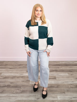 *NEW* Checkered Block Sweater | Cream and Evergreen