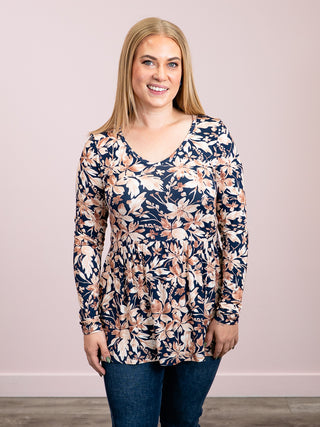 *NEW* Sarah Ruffle LONG Sleeve Top | Navy Autumn Petals