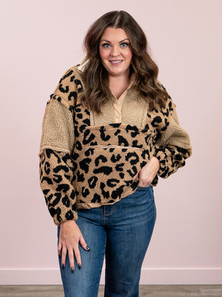 Cozy Haven Fleece Pullover | Taupe Leopard