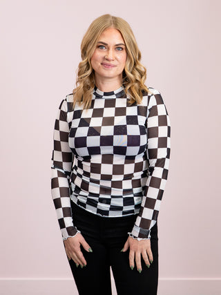 *NEW* Blair Mesh Long Sleeve Top | Black & White Checkers