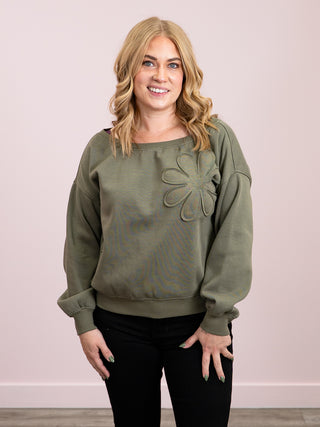 *NEW* DEX | Adeline Off The Shoulder Embroidered Sweatshirt | Washed Khaki