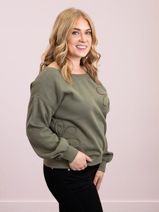 *NEW* DEX | Adeline Off The Shoulder Embroidered Sweatshirt | Washed Khaki