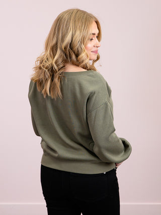 *NEW* DEX | Adeline Off The Shoulder Embroidered Sweatshirt | Washed Khaki