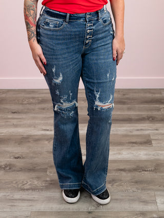 Judy Blue | Midrise Destroyed Button Fly Trouser Flare | Sheldon