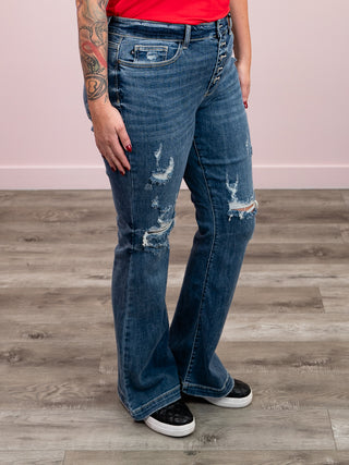 Judy Blue | Midrise Destroyed Button Fly Trouser Flare | Sheldon