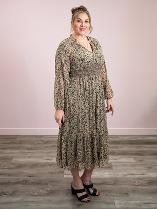 *NEW* DEX | Isla Smocked Midi Dress | Ecru Leopard