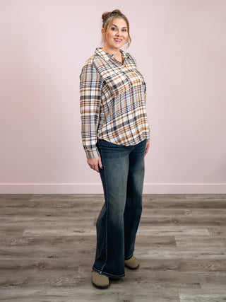 *NEW* Room 34 | Jovie Plaid Button Down | Brown & Navy