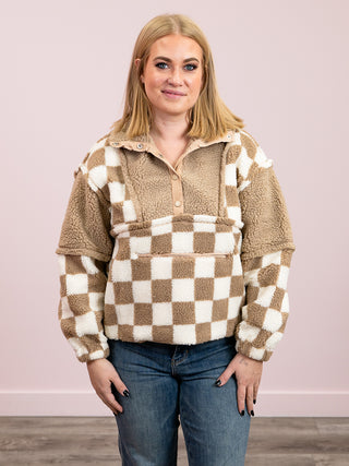Cozy Haven Fleece Pullover | Taupe Checkered
