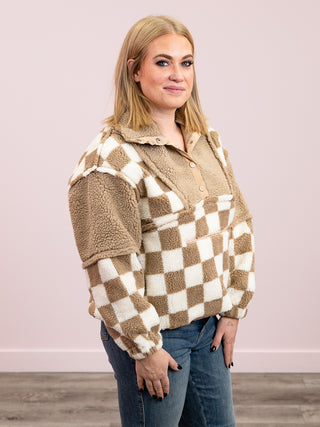 Cozy Haven Fleece Pullover | Taupe Checkered