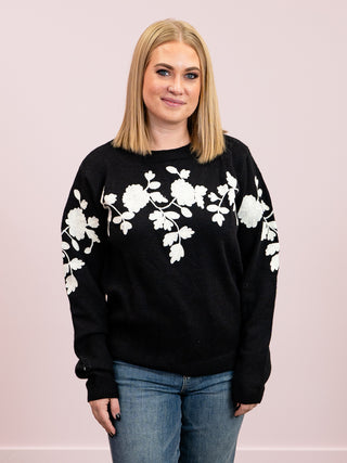 Evangeline Floral Knit Sweater | Black