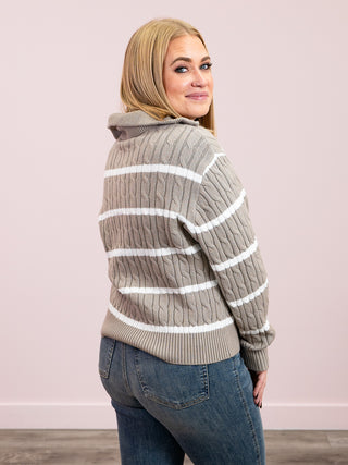 DEX | Wavy Wonder Half Zip Cable Sweater | Light Taupe/White Stripe