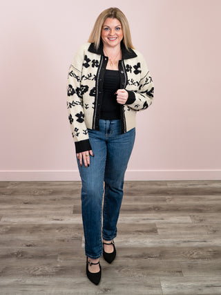 *NEW* DEX | Hazel Jacquard Floral Cardigan | Ivory & Black