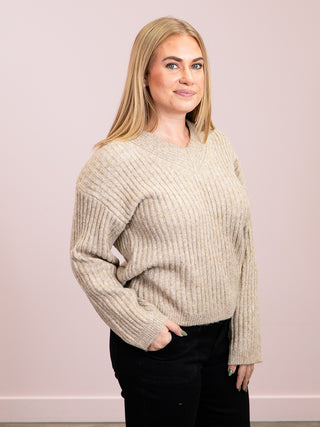*NEW* DEX | Allana V-Neck Sweater Top | Oatmeal Heather Grey