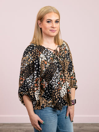 Serenade Long Sleeve Floral Blouse | Black & Taupe