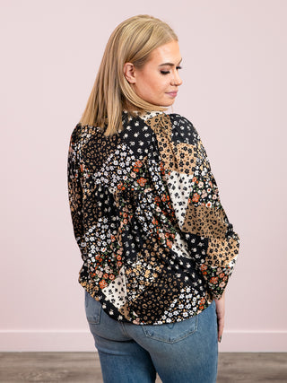 Serenade Long Sleeve Floral Blouse | Black & Taupe