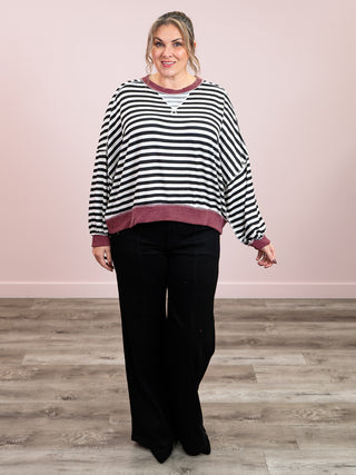 Meant To Be Pullover | Black & Wine Stripe