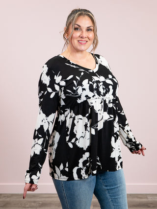New Chapter Long Sleeve Babydoll Top | Black & Ivory Floral