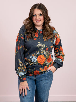 Crimson Bloom Crewneck Long Sleeve | Navy Floral