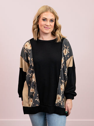 *NEW* Downtown Petals Ribbed Long Sleeve Top | Black