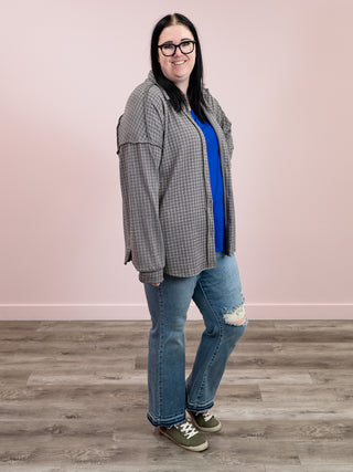 Woodshed Button Down Checker Shacket Top | Dark Grey